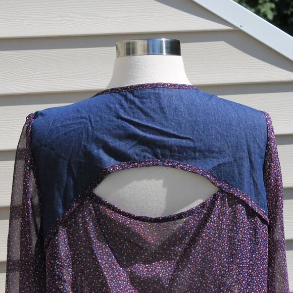 Lily Rose Women's Blouse Denim & Sheer Prairie Cottage Country Indie - Picture 10 of 13